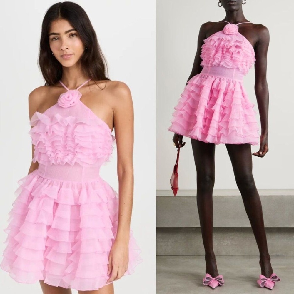 $595 STAUD Florian Ruffle Tiered Halter Mini Dress 💗